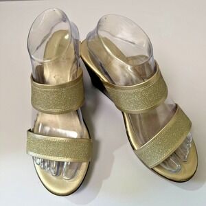 Contesa Italy Gold Glitter Wedge Slide Sandals Womens 8M Two Strap Slip On Mules